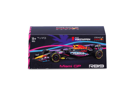 Red Bull Racing F1 Modellauto, mit Helm, RB19, bburago, 1:43, Miami Version, Max Verstappen #1