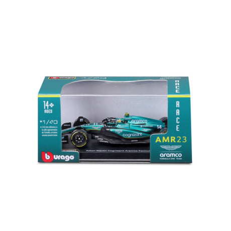 Aston Martin F1 Modellauto, mit Helm, AMR23, bburago, 1:43, Fernando Alonso #14