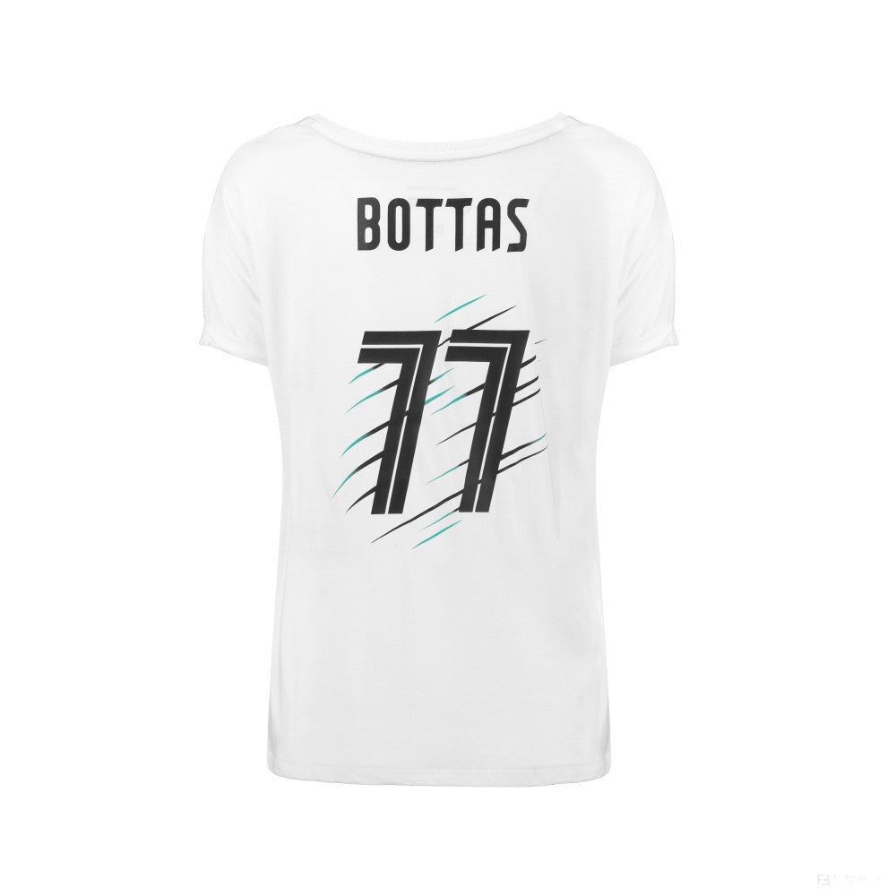 2018, Weiß, Mercedes Bottas Round Neck Damen Valtteri 77 T-shirt