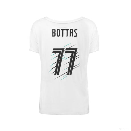 2018, Weiß, Mercedes Bottas Round Neck Damen Valtteri 77 T-shirt