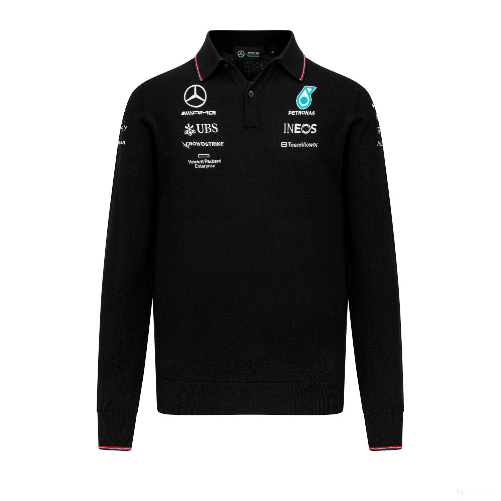 Mercedes Team Gestricktes Langarm-Polo, Schwarz, 2023