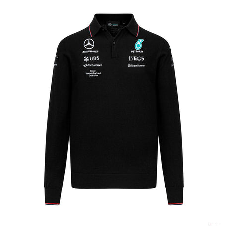 Mercedes Team Gestricktes Langarm-Polo, Schwarz, 2023 - FansBRANDS®